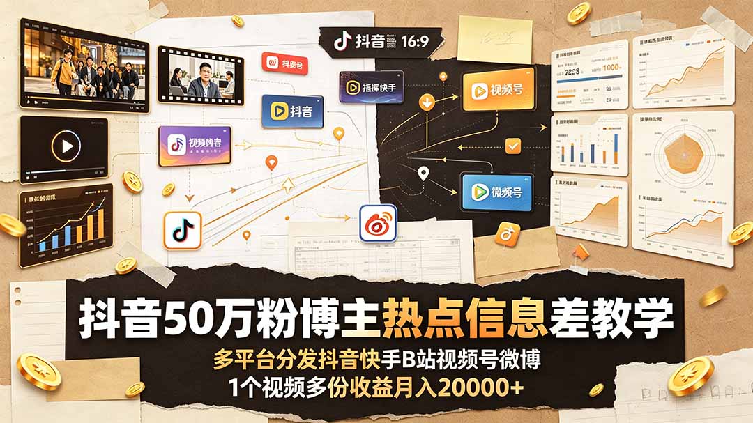 抖音50万粉博主热点信息差教学:多平台分发抖音快手B站视频号微博,1个视频多份收益月入20000+-老吴出海笔记
