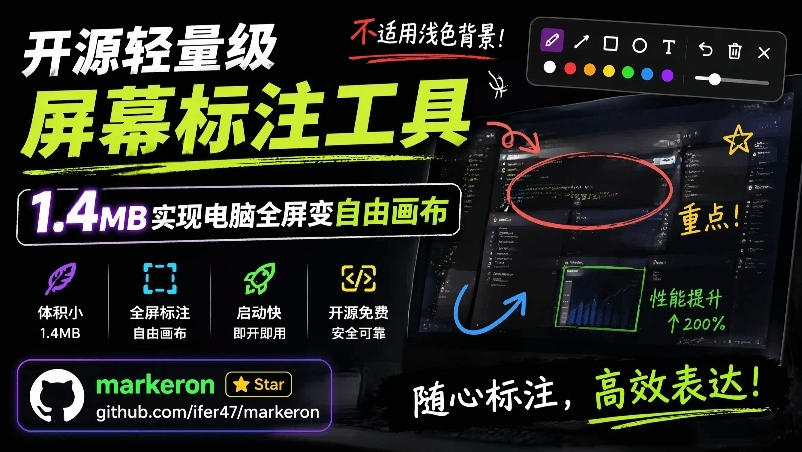 开源轻量级屏幕标注工具，1.4MB实现电脑全屏变自由画布！支持8种标注工具和全键盘操控MarkerOn-老吴出海笔记