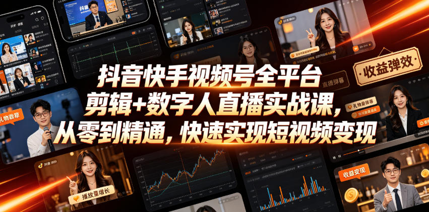 抖音快手视频号全平台剪辑+数字人直播实战课,从零到精通,快速实现短视频变现(更新2026年6月)-老吴出海笔记