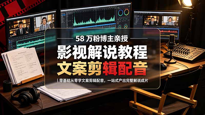 58 万粉博主荧幕春秋亲授影视解说教程｜零基础从零学文案剪辑配音，一站式产出完整解说成片-老吴出海笔记