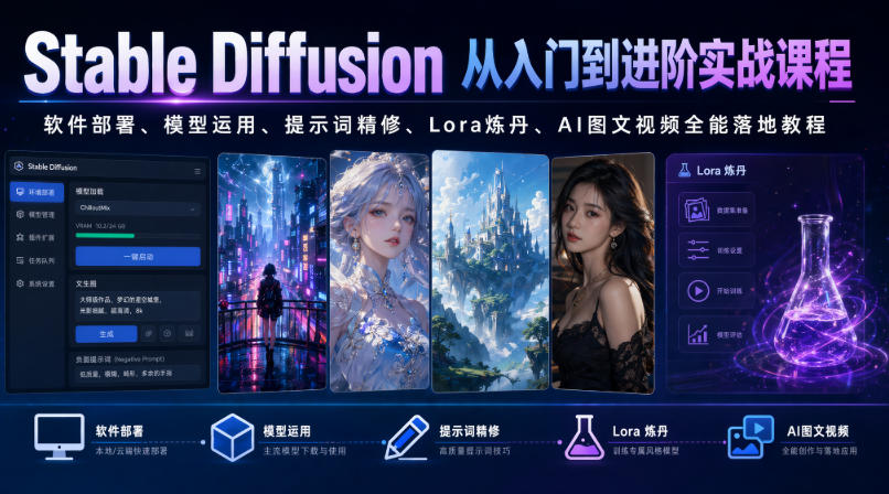 Stable Diffusion从入门到进阶实战课程|软件部署、模型运用、提示词精修、Lora炼丹、AI图文视频全能落地教程-老吴出海笔记