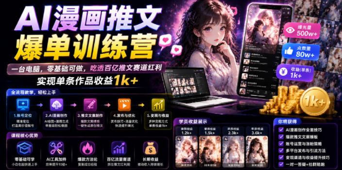 AI漫画推文爆单训练营,一台电脑,零基础可做,吃透百亿推文赛道红利,实现单条作品收益1k+-老吴出海笔记