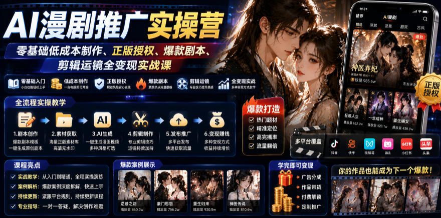 AI漫剧推广实操营|零基础低成本制作、正版授权、爆款剧本、剪辑运镜全变现实战课-老吴出海笔记