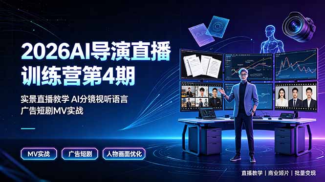 2026AI导演直播训练营第4期,实景直播教学AI分镜视听语言,广告短剧MV实战,解决人物画面崩坏痛点-老吴出海笔记