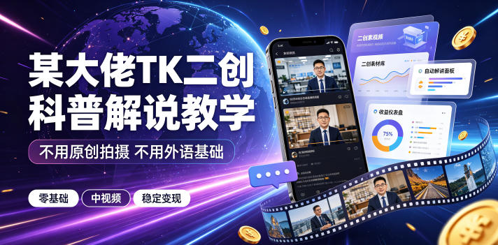 某大佬TK二创科普解说教学，不用原创拍摄不用外语基础，零基础做TikTok中视频稳定变现-老吴出海笔记