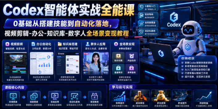 Codex智能体实战全能课｜0基础从搭建技能到自动化落地，视频剪辑-办公-知识库-数字人全场景变现教程-老吴出海笔记