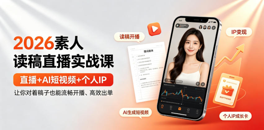 2026素人读稿直播实战课｜直播+AI短视频+个人IP，让你对着稿子也能流畅开播、高效出单-老吴出海笔记
