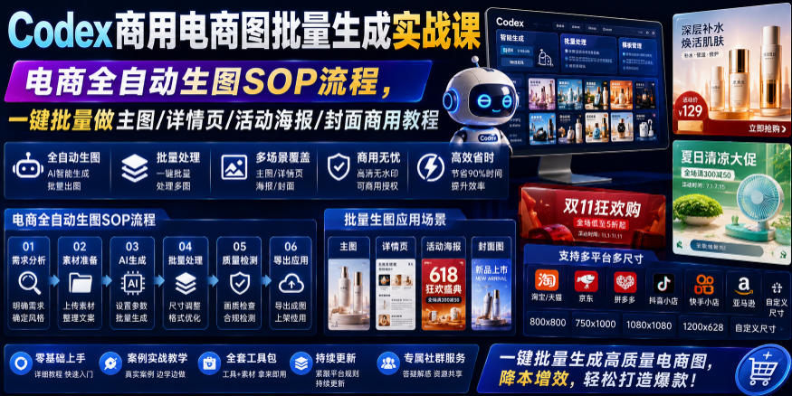 Codex商用电商图批量生成实战课|电商全自动生图SOP流程,一键批量做主图/详情页/活动海报/封面商用教程-老吴出海笔记