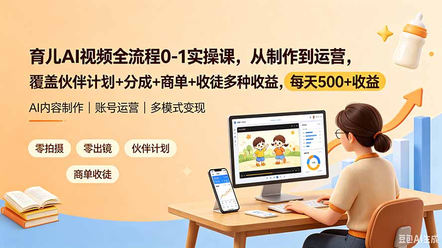 育儿AI视频全流程0-1实操课,从制作到运营,覆盖伙伴计划+分成+商单+收徒多种收益,每天500+收益-老吴出海笔记