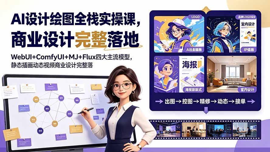 AI设计绘图全栈实操课,WebUI+ComfyUI+MJ+Flux四大主流模型,静态插画动态视频商业设计完整落地教程-老吴出海笔记