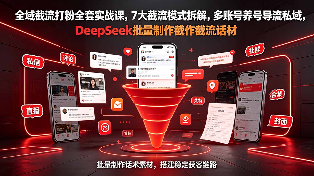全域截流打粉全套实战课,7大截流模式拆解,多账号养号导流私域,DeepSeek批量制作截流话术素材-老吴出海笔记