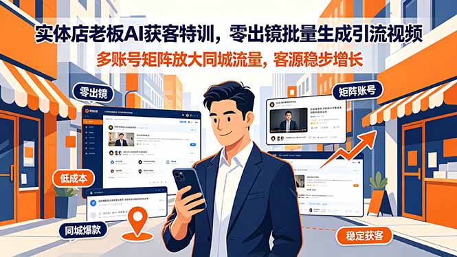 实体店老板AI获客特训,零出镜批量生成引流视频,多账号矩阵放大同城流量,客源稳步增长-老吴出海笔记