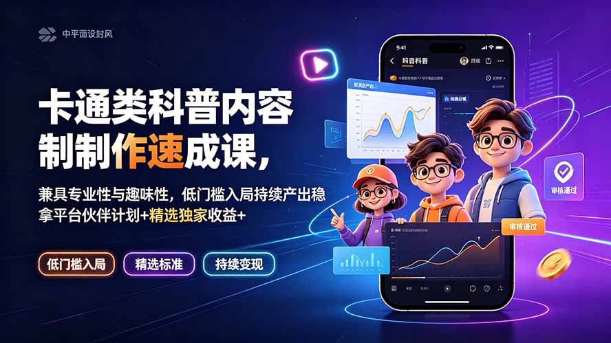 卡通类科普内容制作速成课,兼具专业性与趣味性,低门槛入局持续产出稳拿平台伙伴计划+精选独家收益-老吴出海笔记