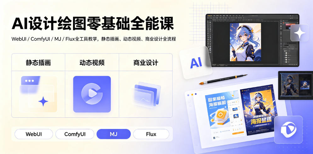 AI设计绘图零基础全能课｜WebUI/ComfyUI/MJ/Flux全工具教学，静态插画、动态视频、商业设计全流程-老吴出海笔记