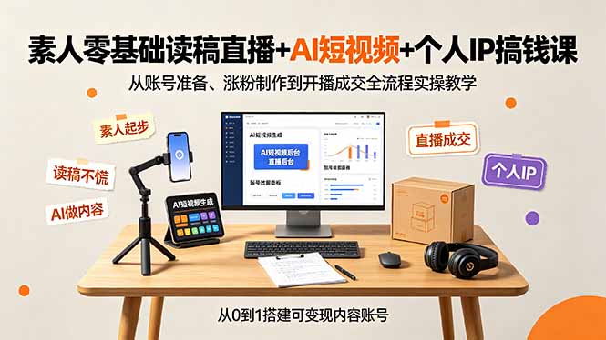 素人零基础读稿直播+AI短视频+个人IP搞钱课,从账号准备、涨粉制作到开播成交全流程实操教学-老吴出海笔记