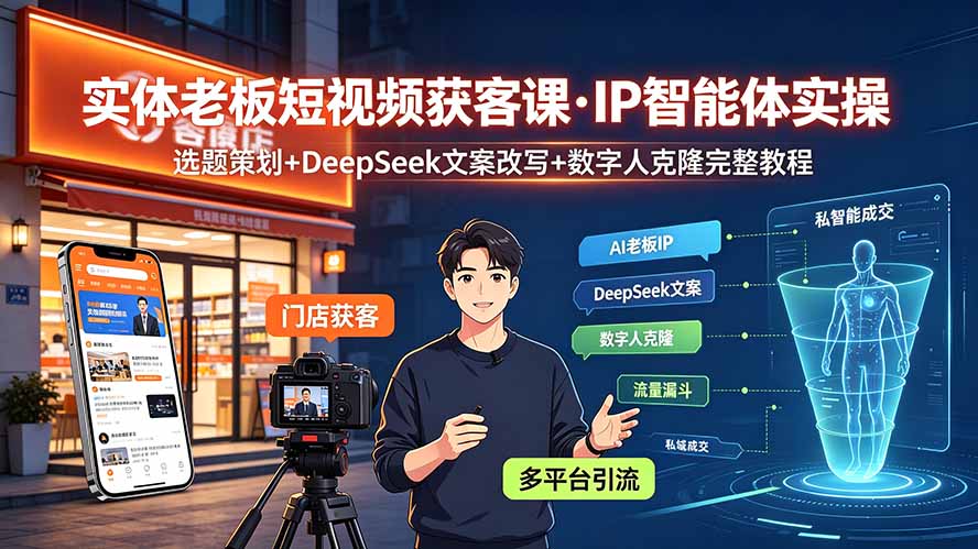 实体老板短视频获客课·IP智能体实操|选题策划+DeepSeek文案改写+数字人克隆完整教程-老吴出海笔记