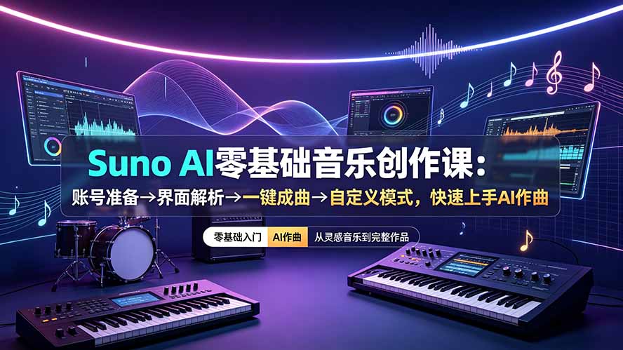 Suno AI零基础音乐创作课:账号准备→界面解析→一键成曲→自定义模式,快速上手AI作曲-老吴出海笔记