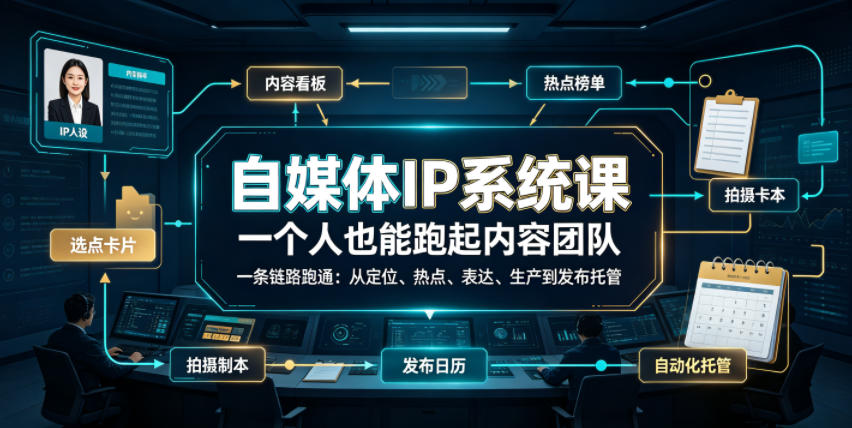 自媒体IP系统课,一个人也能跑起内容团队,一条链路跑通,从定位、热点、表达、生产到发布托管-老吴出海笔记