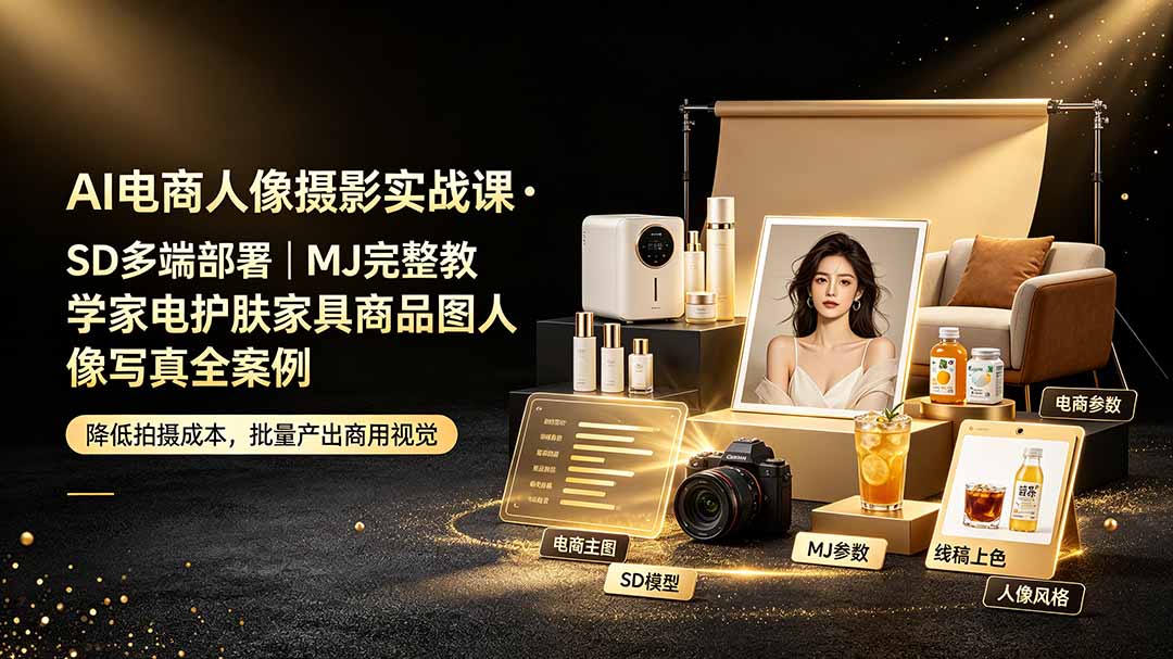 AI电商人像摄影实战课·SD多端部署|MJ完整教学|家电护肤家具商品图人像写真全案例-老吴出海笔记