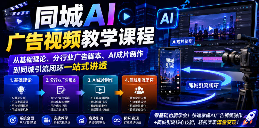 同城AI广告视频教学课程,从基础理论、分行业广告脚本、AI成片制作到同城引流闭环一站式讲透-老吴出海笔记