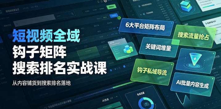 短视频全域钩子矩阵搜索排名实战课|6大平台矩阵布局、关键词堆量抢占搜索流量、钩子私域导流、AI批量内容生成-老吴出海笔记
