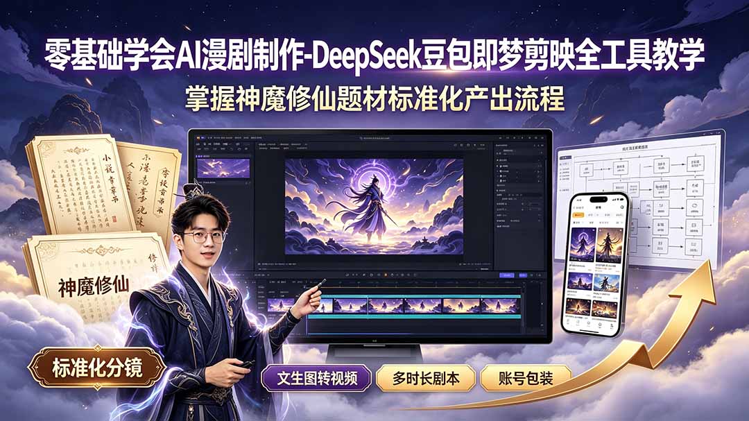 零基础学会AI漫剧制作-DeepSeek豆包即梦剪映全工具教学,掌握神魔修仙题材标准化产出流程-老吴出海笔记