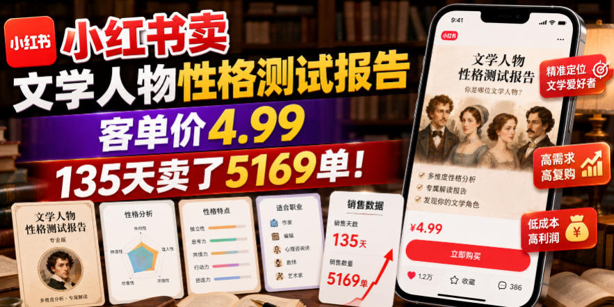 小红书卖文学人物性格测试报告,客单价4.99,135天卖了5169单!-老吴出海笔记