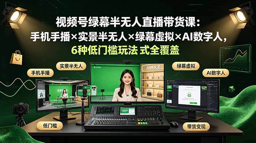 视频号绿幕半无人直播带货课:手机手播×实景半无人×绿幕虚拟×AI数字人,6种低门槛玩法全覆盖-老吴出海笔记