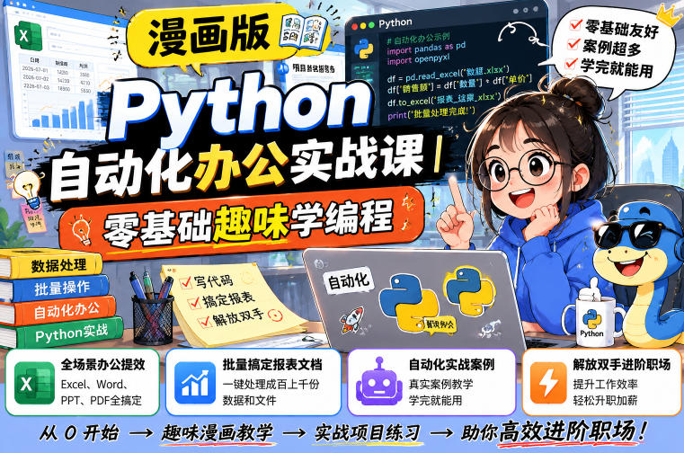 漫画版Python自动化办公实战课｜零基础趣味学编程，全场景办公提效、批量搞定报表文档、解放双手进阶职场-老吴出海笔记