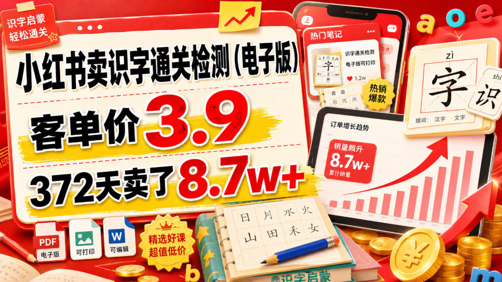 小红书卖识字通关检测(电子版)，客单价3.9，372天卖了8.7w+-老吴出海笔记
