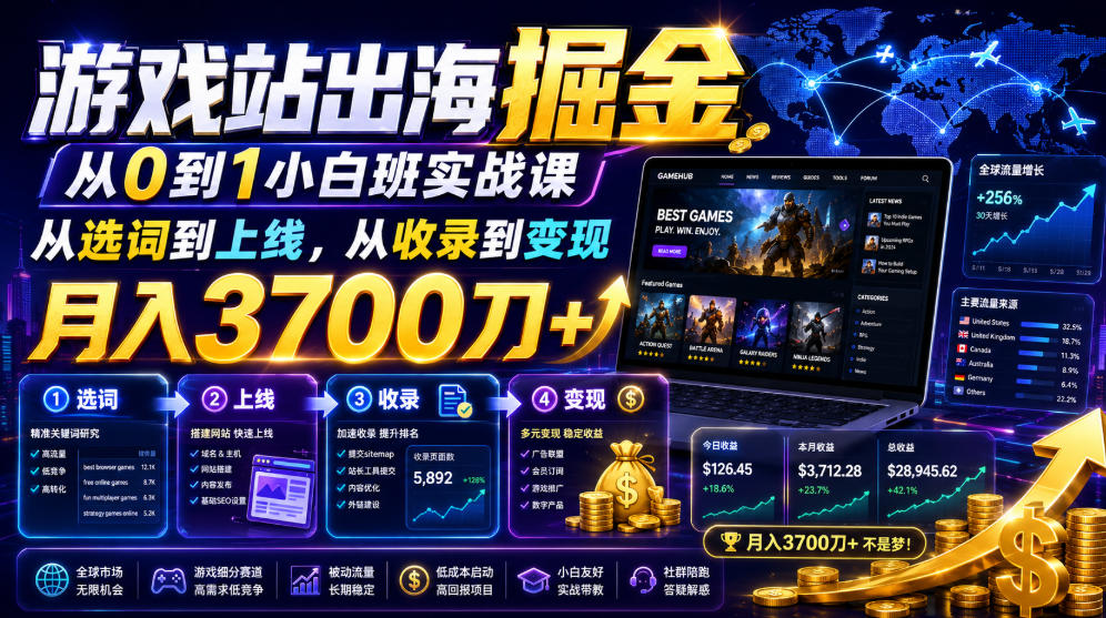 游戏站出海掘金从0到1小白实战课,从选词到上线,从收录到变现,月入3700刀+-老吴出海笔记