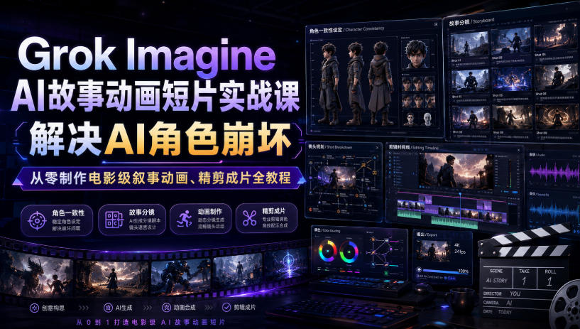 Grok Imagine AI故事动画短片实战课｜解决AI角色崩坏，从零制作电影级叙事动画、精剪成片全教程(中英字幕)-老吴出海笔记