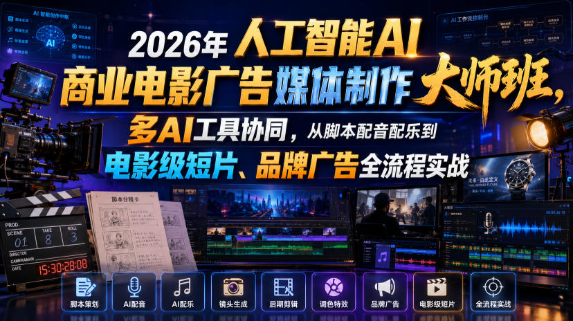 2026年人工智能AI商业电影广告媒体制作大师班，多AI工具协同，从脚本配音配乐到电影级短片、品牌广告全流程实战(中英字幕)-老吴出海笔记