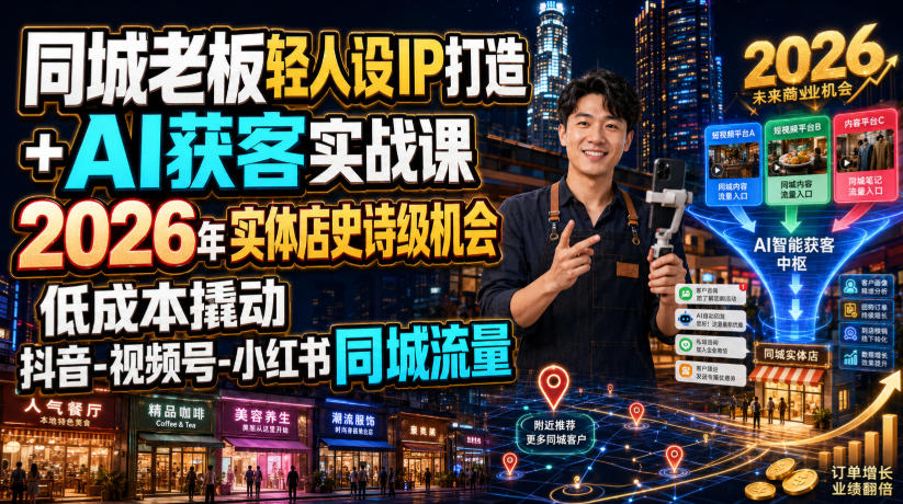 同城老板轻人设IP打造+AI获客实战课,2026年实体店史诗级机会,低成本撬动抖音-视频号-小红书同城流量-老吴出海笔记