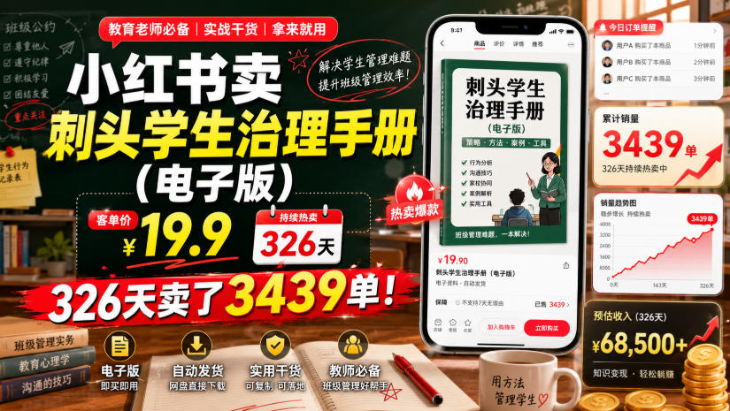 小红书卖刺头学生治理手册(电子版)，客单价19.9，326天卖了3439单！-老吴出海笔记