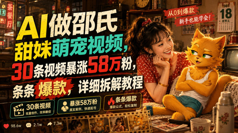 AI做邵氏甜妹萌宠视频，30条视频暴涨58万粉，条条爆款，详细拆解教程-老吴出海笔记