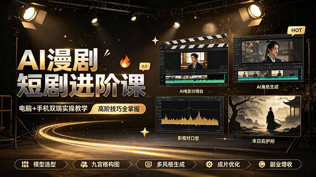 AI漫剧短剧进阶课|电脑+手机双端实操教学|影视剧对口型人物吃瓜×解压末日庇护所全程讲解,高阶技巧全掌握-老吴出海笔记