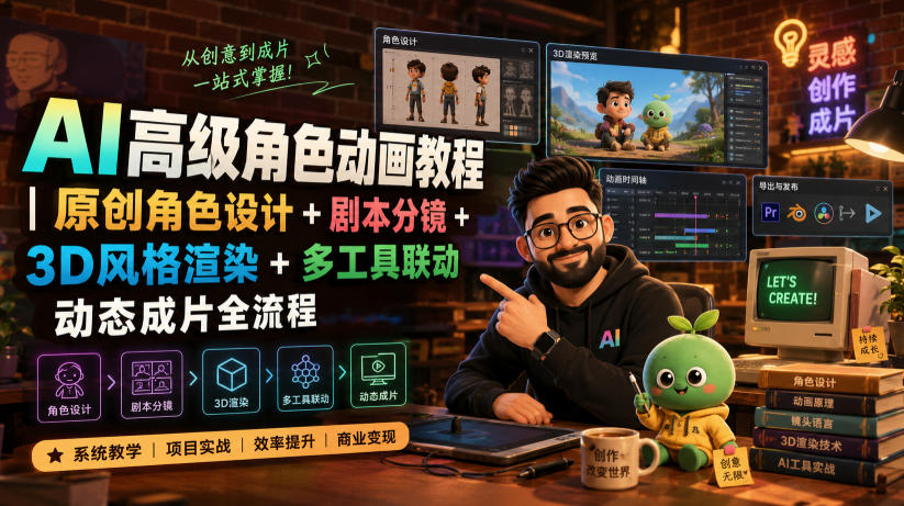 AI高级角色动画教程|原创角色设计+剧本分镜+3D风格渲染+多工具联动动态成片全流程【中英字幕】-老吴出海笔记