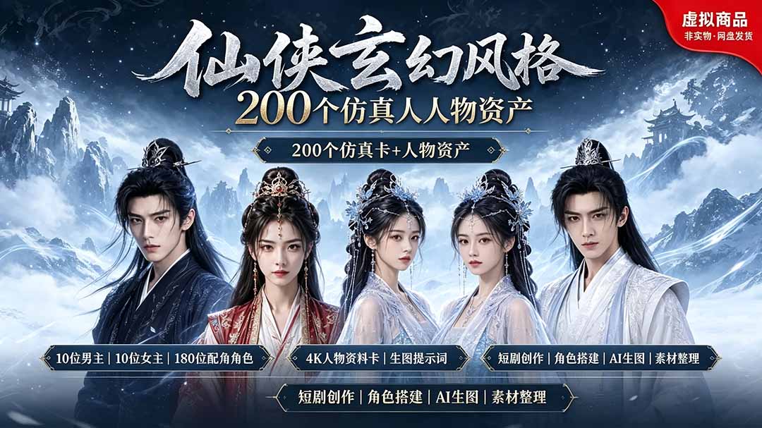 200个仙侠玄幻仿真人素材◆10男主×10女主×180配角,4K资料卡+AI生图提示词,漫剧必备-老吴出海笔记