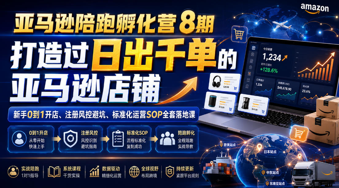 亚马逊陪跑孵化营8期，打造过日出千单的亚马逊店铺，新手0到1开店、注册风控避坑、标准化运营SOP全套落地课-老吴出海笔记