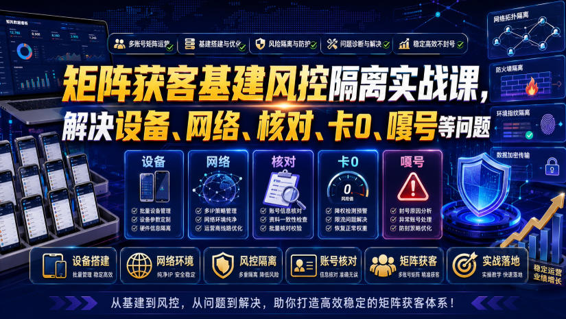 矩阵获客基建风控隔离实战课,解决设备、网络、核对、卡0、嘎号等问题-老吴出海笔记