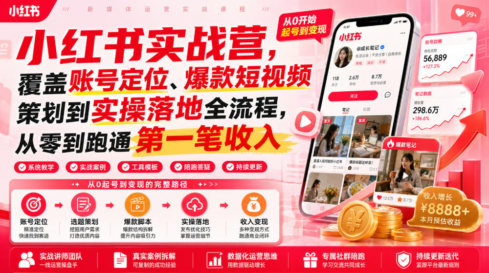 小红书实战营，覆盖账号定位、爆款短视频策划到实操落地全流程，从零到跑通第一笔收入-老吴出海笔记