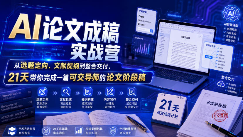 AI论文成稿实战营，从选题定向、文献提纲到整合交付，21天带你完成一篇可交导师的论文阶段稿-老吴出海笔记