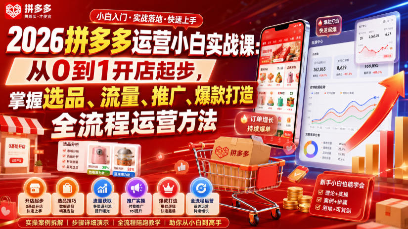 2026拼多多运营小白实战课：从0到1开店起步，掌握选品、流量、推广、爆款打造全流程运营方法-老吴出海笔记