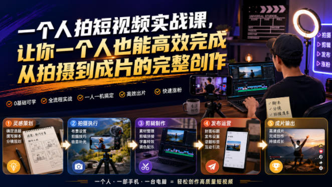一个人拍短视频实战课,让你一个人也能高效完成从拍摄到成片的完整创作-老吴出海笔记