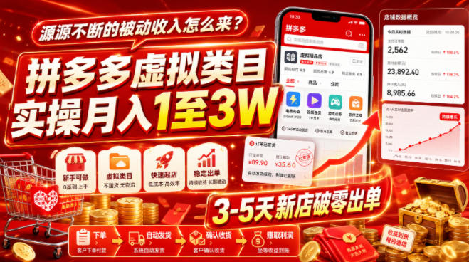 源源不断的被动收入怎么来？拼多多虚拟类目实操月入1至3W，3-5天新店破零出单-老吴出海笔记