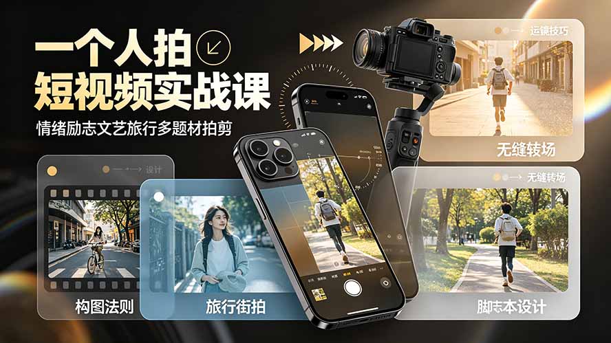 一个人拍短视频实战课:情绪励志文艺旅行多题材×五大景别×黄金构图×八大运镜,从拍摄到成片高效创作-老吴出海笔记