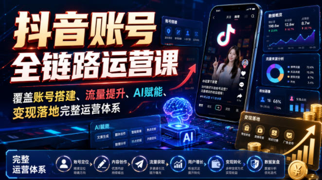 抖音账号全链路运营课，覆盖账号搭建、流量提升、AI赋能、变现落地完整运营体系-老吴出海笔记