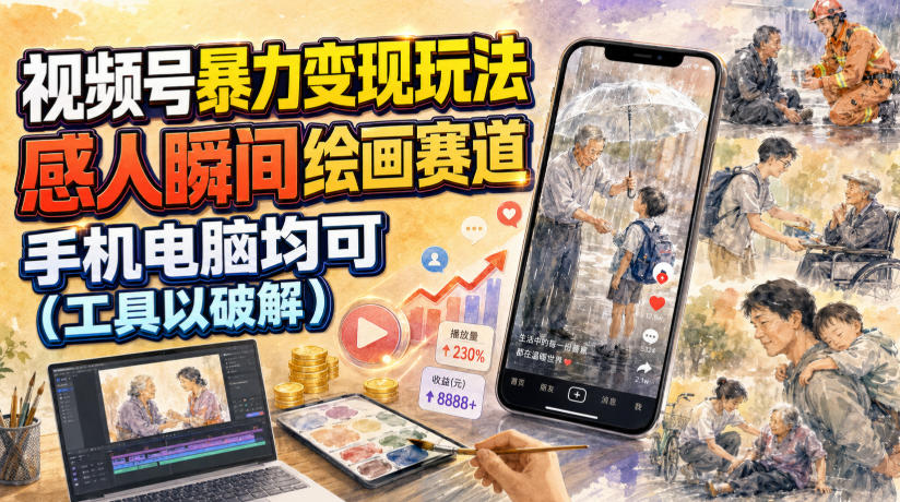 视频号暴力变现玩法,感人瞬间绘画赛道,手机电脑均可-老吴出海笔记