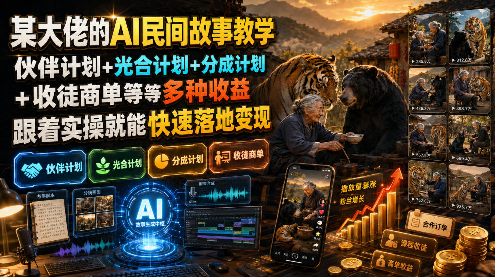 某大佬的AI民间故事教学，伙伴计划+光合计划+分成计划+收徒商单等多种收益，跟着实操就能快速落地变现-老吴出海笔记